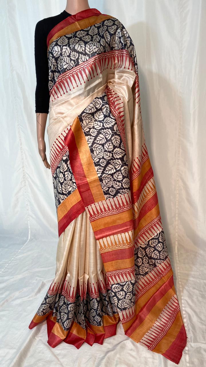 Pure Tussar Silk Hand Block Printed Saree - Handcrafted Elegance, Ideal For Party Wear | Featuring A Pure Silk Composition, Includes Blouse