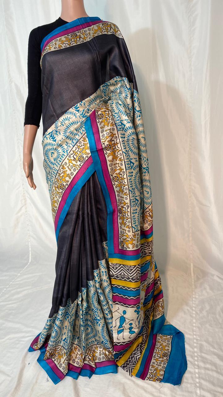 Pure Tussar Silk Hand Block Printed Saree - Handcrafted Elegance, Ideal For Party Wear | Featuring A Pure Silk Composition, Includes Blouse