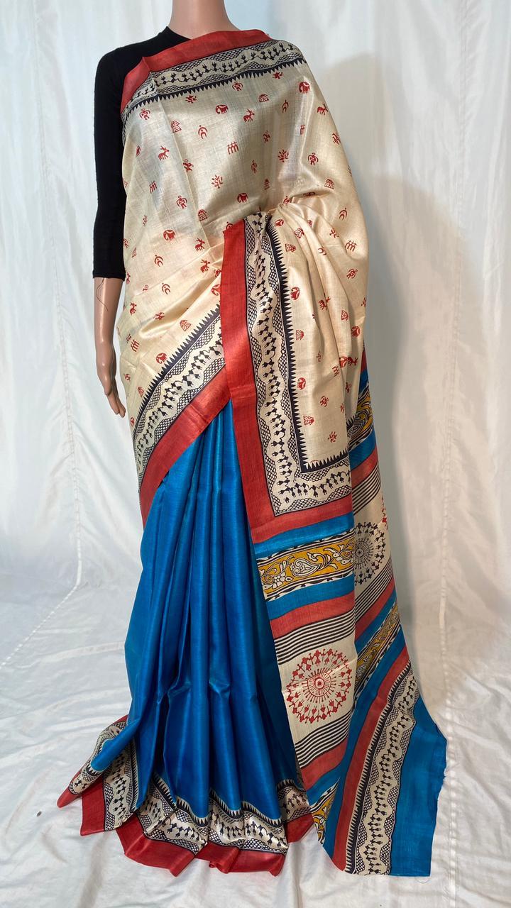 Pure Tussar Silk Hand Block Printed Saree - Handcrafted Elegance, Ideal For Party Wear | Featuring A Pure Silk Composition, Includes Blouse