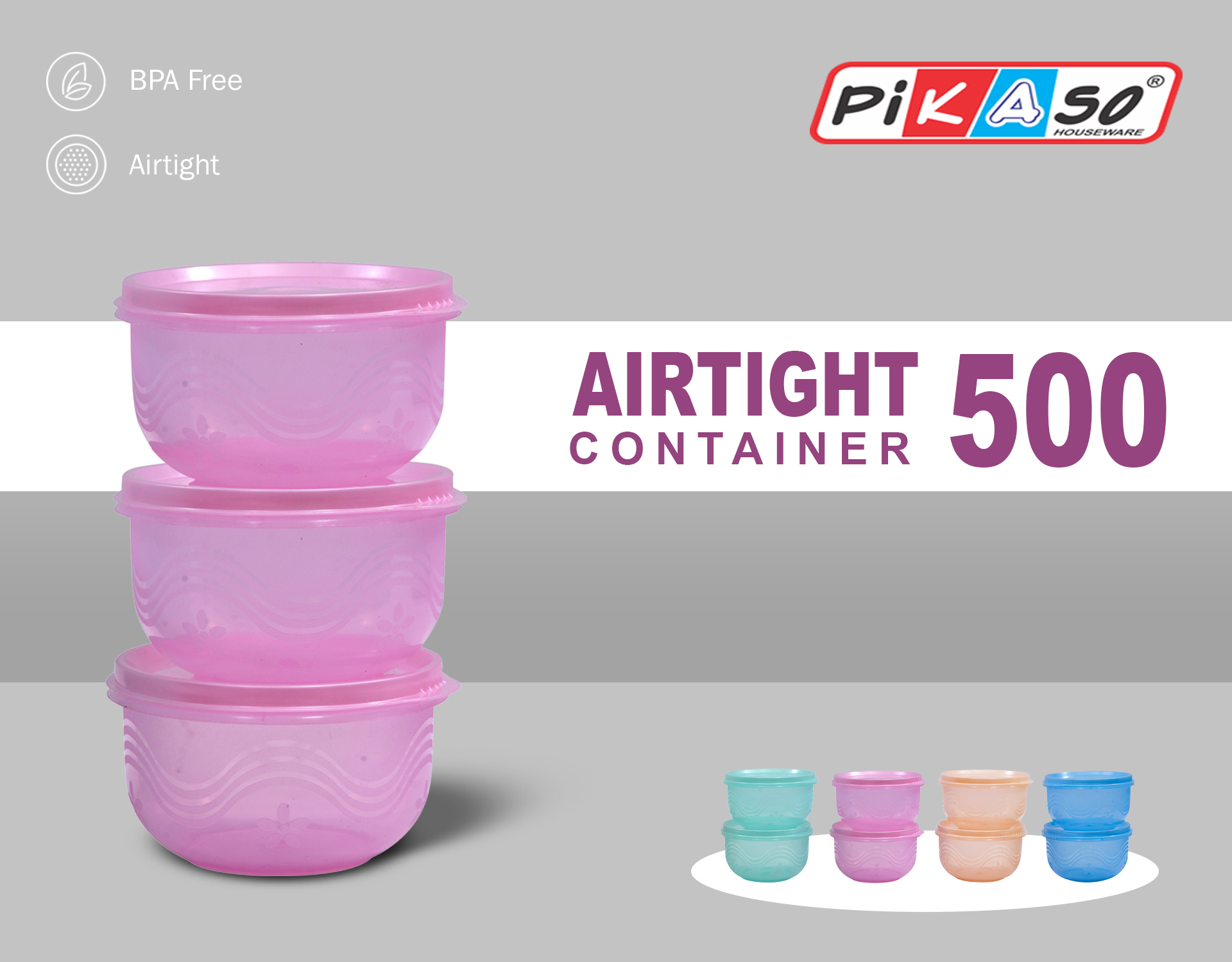 Atc 500 (Tp) Container (3 Pcs Set) - Polypropylene, 14.5x9.5x16.2 Cm, Green/purple/brown/blue | Eco-friendly, Leak Proof, Air Tight, Healthy Food Storage