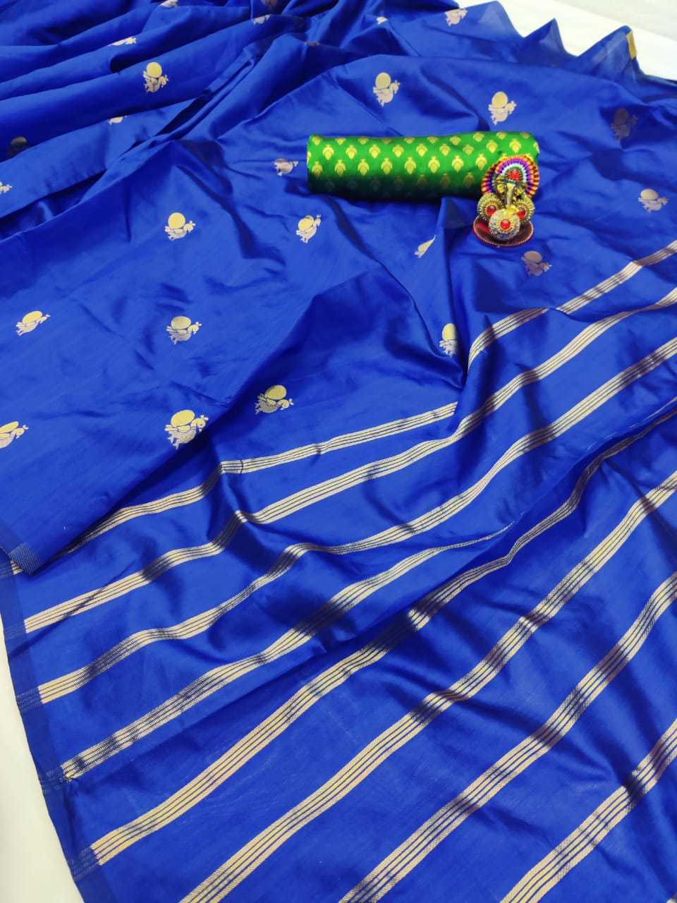 Lichi Silk Saree - Blue Color With Golden Jari, Elegant Full Weaving Jacquard Blouse Piece, Trendy And Grand Look For Traditional Occasions