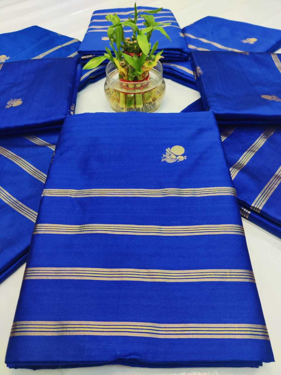 Lichi Silk Saree - Blue Color With Golden Jari, Elegant Full Weaving Jacquard Blouse Piece, Trendy And Grand Look For Traditional Occasions