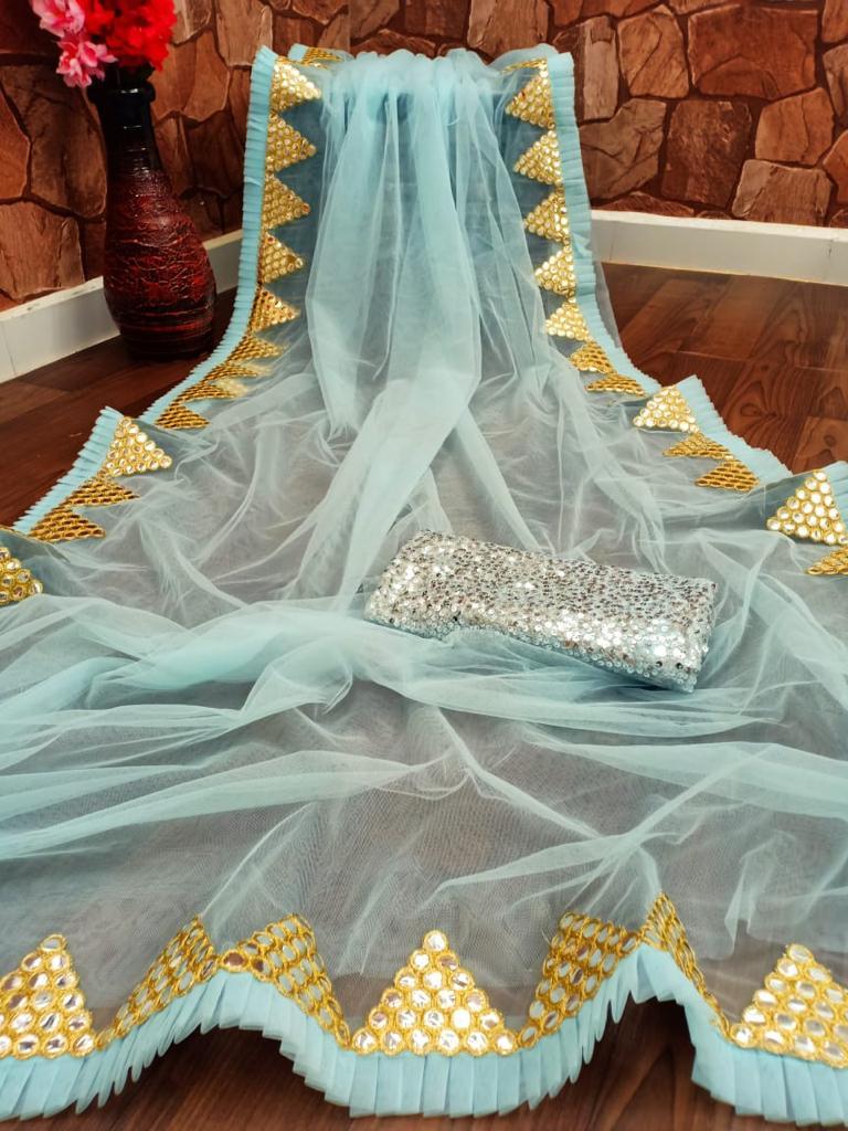 Ladies Saree - Premium Mono Nylon Net, Multi Colour With Beautiful Ruffle And Embroidery Pepper Mirror Work, Bollywood Style For Traditional Occasions