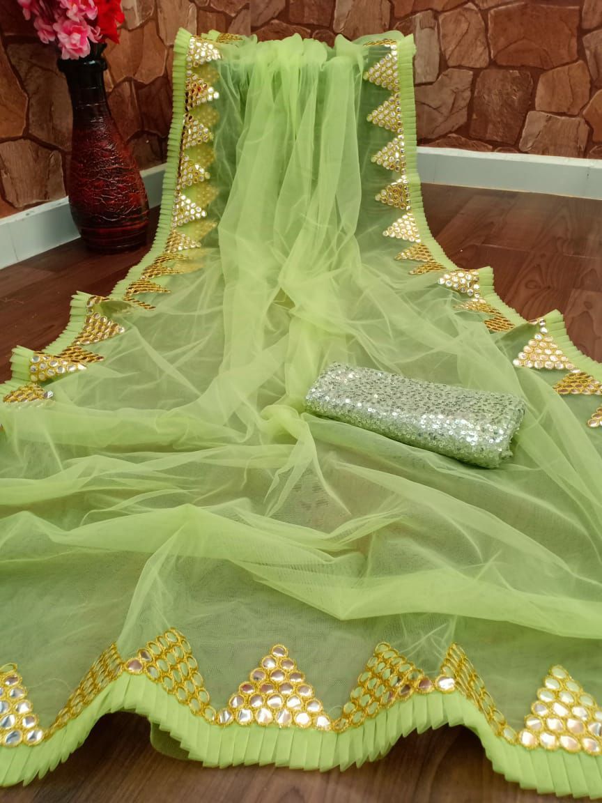 Ladies Saree - Premium Mono Nylon Net, Multi Colour With Beautiful Ruffle And Embroidery Pepper Mirror Work, Bollywood Style For Traditional Occasions