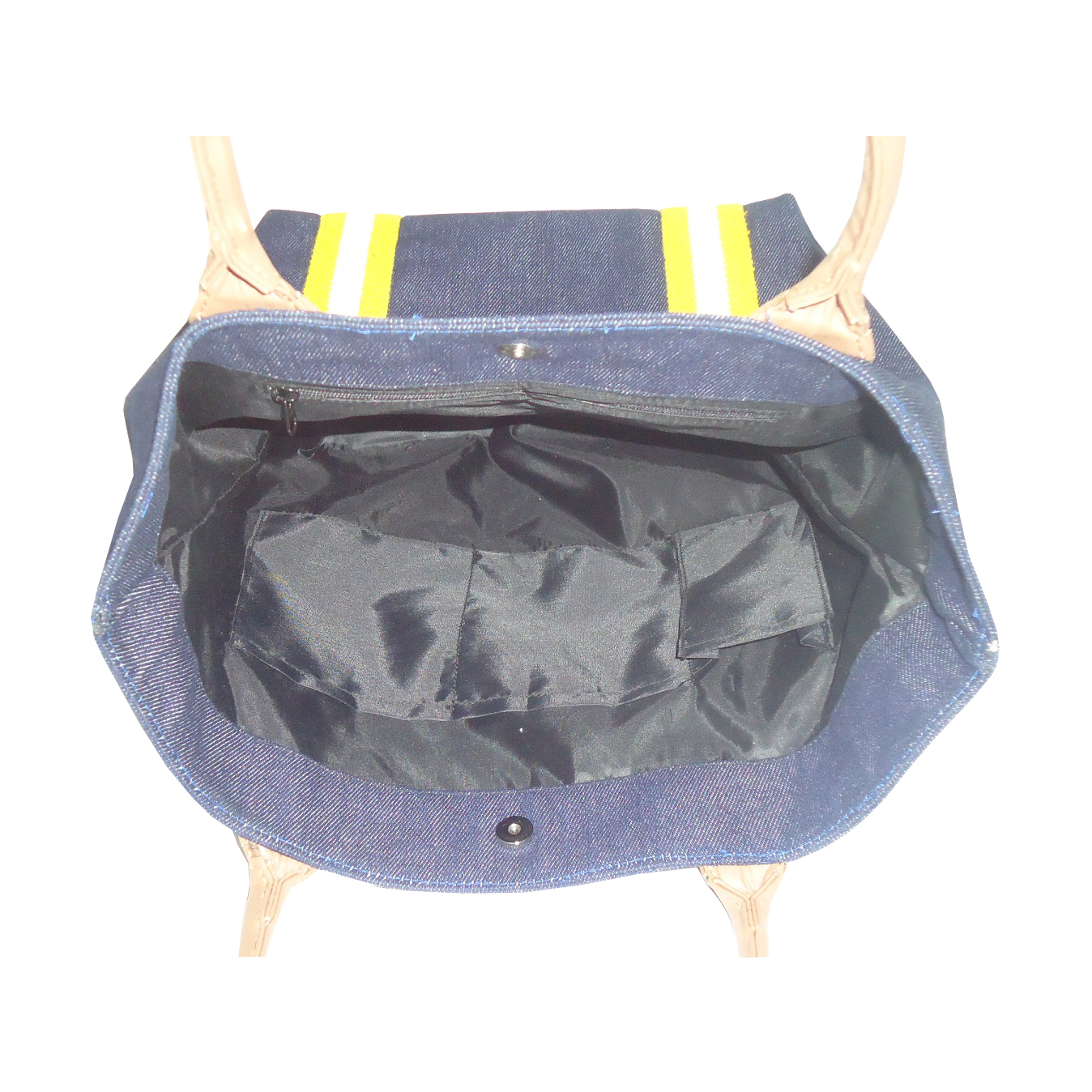 Denim Shopping Bag - Denim Material, 30x40x14 Cm Size, Customized Color, Pu Handle, Magnet Button Closure, Eco-friendly And Re-usable Design, Inside Pockets For Mobile And Zippered Items