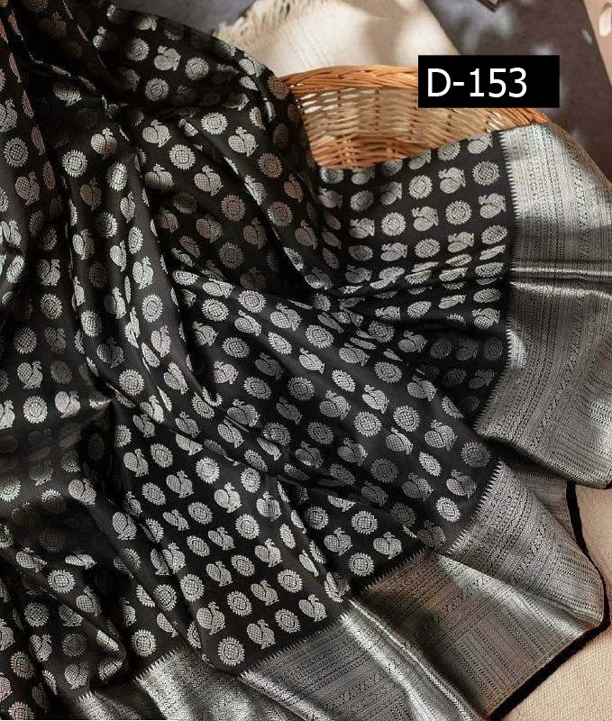 Cotton Sarees - Jet Black Kanchipuram Silk, Dark Grey Color With Silver Zari Peacocks & Rudraksh Brocade, Intricate Border Accents