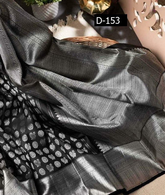 Cotton Sarees - Jet Black Kanchipuram Silk, Dark Grey Color With Silver Zari Peacocks & Rudraksh Brocade, Intricate Border Accents