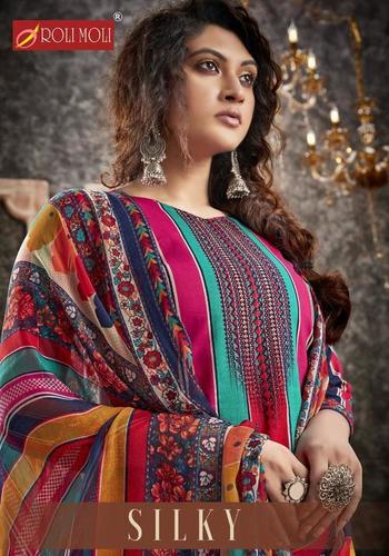 सिरोस्वकी डायमंड वर्क ड्रेस मटेरियल कैटलॉग के साथ मल्टी कलर रोली मोली सिल्की प्योर कैमरिक प्रिंट