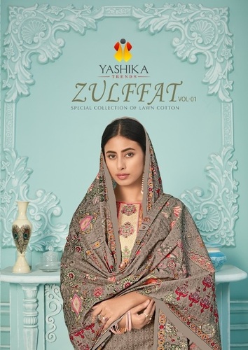 Yashika Zulfat Vol 1 Cotton Printed Dress Material - Top: Pure Lawn Cotton (2.5 Mtr), Bottom: Pure Lawn (2.0 Mtr), Dupatta: Pure Cotton Mal Mal (2.25 Mtr) | Multi Color, Ethnic Indian Style, All Season Wear, Washable