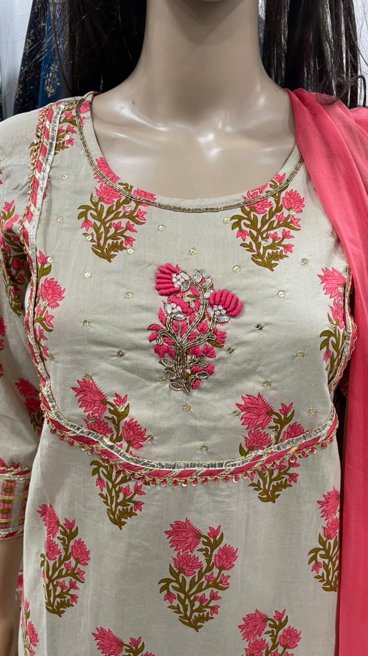 Traditional Kurti Sharara Set - Cotton Material Plus Size Options In Red Printed Design | Gotapatti Work Thread Embroidery Full Sleeves Breathable Washable Non-toxic