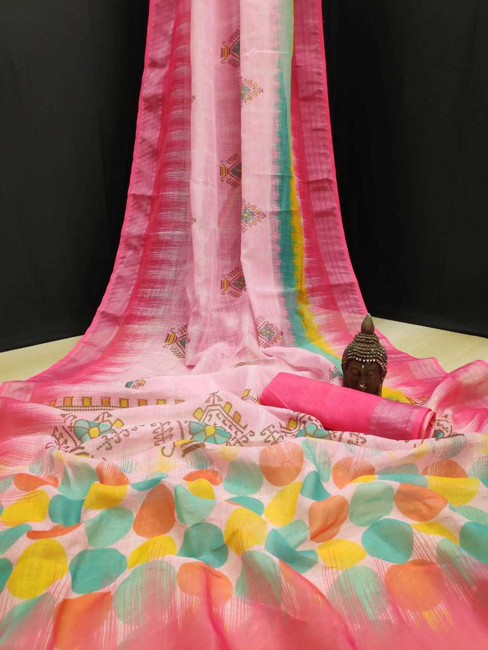 Linen Saree - Pure Linen With Silver Jari Border, Original Digital Print Design, Elegant Style For Every Occasion