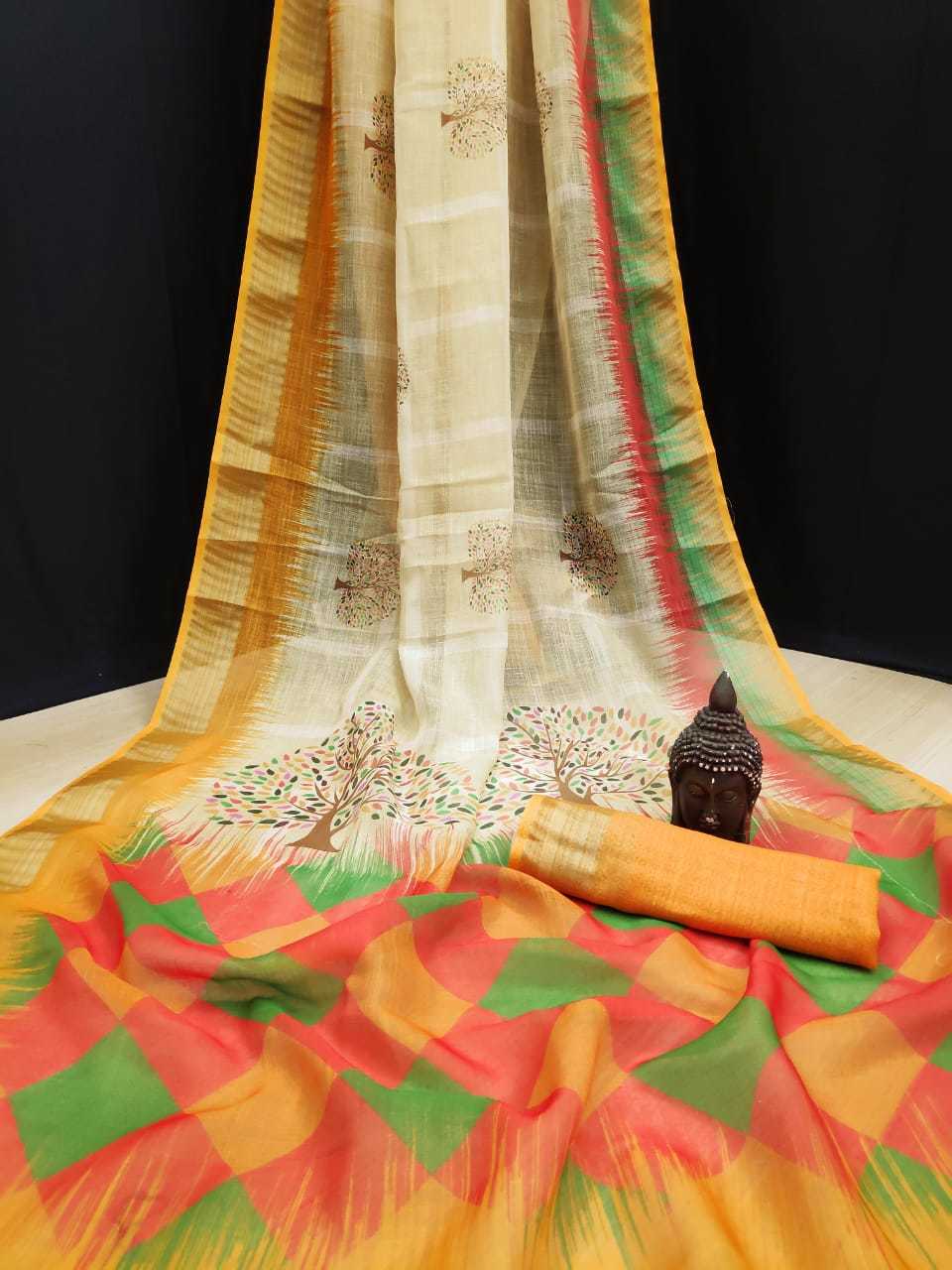 Linen Saree - Pure Linen With Silver Jari Border, Original Digital Print Design, Elegant Style For Every Occasion