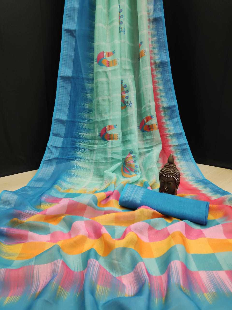 Linen Saree - Pure Linen With Silver Jari Border, Original Digital Print Design, Elegant Style For Every Occasion
