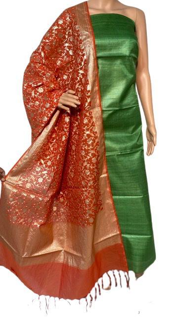 Pure Tussar Silk Kurti 2.5 Mtrs With Bandhani Banarsi Tussar Silk Long Dupatta - Ethnic Indian Design, All-season Versatility, Elegant Plain Pattern