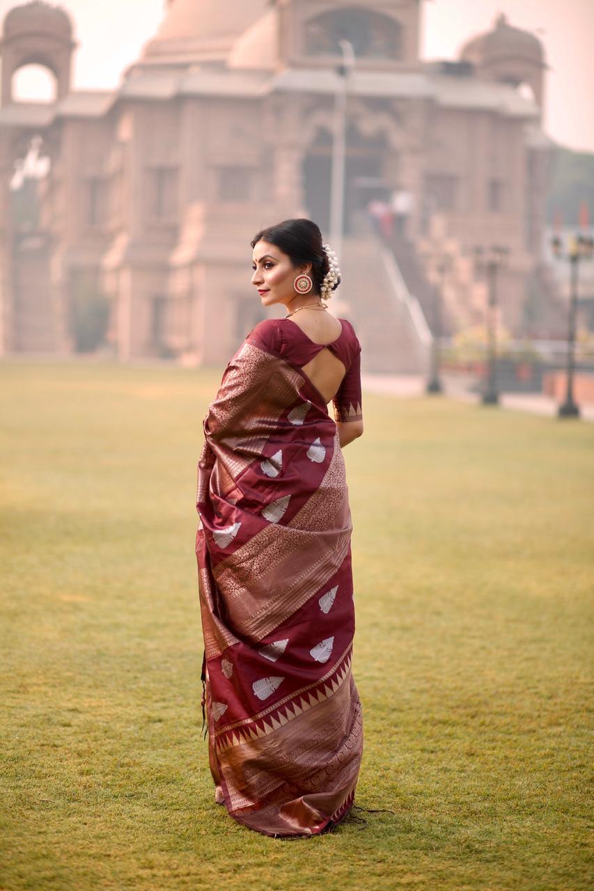 Lichi Silk Saree - 5.5 M Length, Classic Brown Colour With Tassels - Traditional Ornamental Motifs & Copper-silver Zari Weave, Ideal For All Seasons