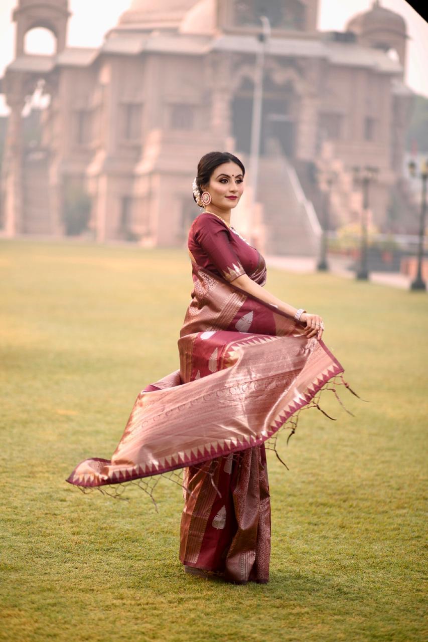 Lichi Silk Saree - 5.5 M Length, Classic Brown Colour With Tassels - Traditional Ornamental Motifs & Copper-silver Zari Weave, Ideal For All Seasons