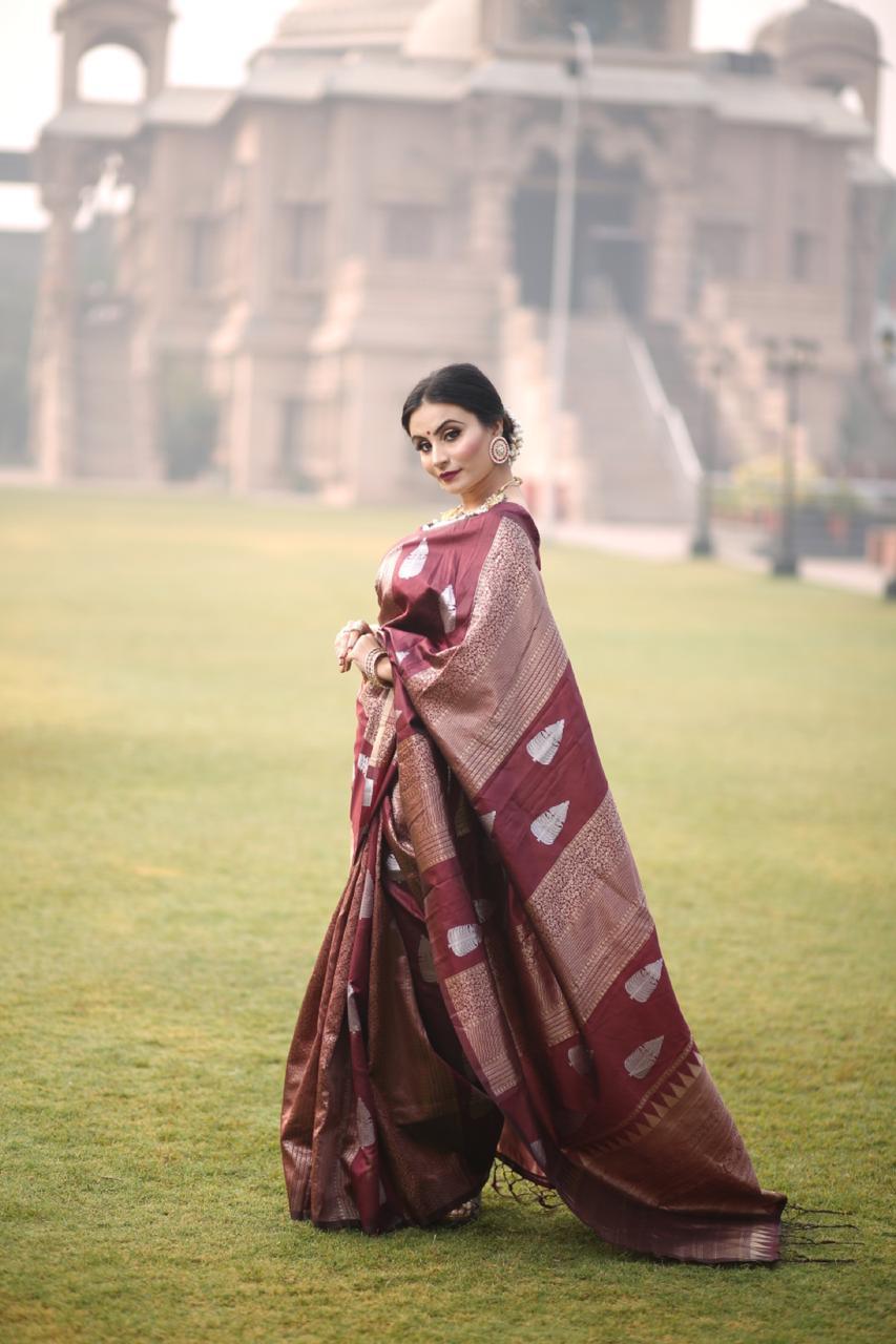 Lichi Silk Saree - 5.5 M Length, Classic Brown Colour With Tassels - Traditional Ornamental Motifs & Copper-silver Zari Weave, Ideal For All Seasons