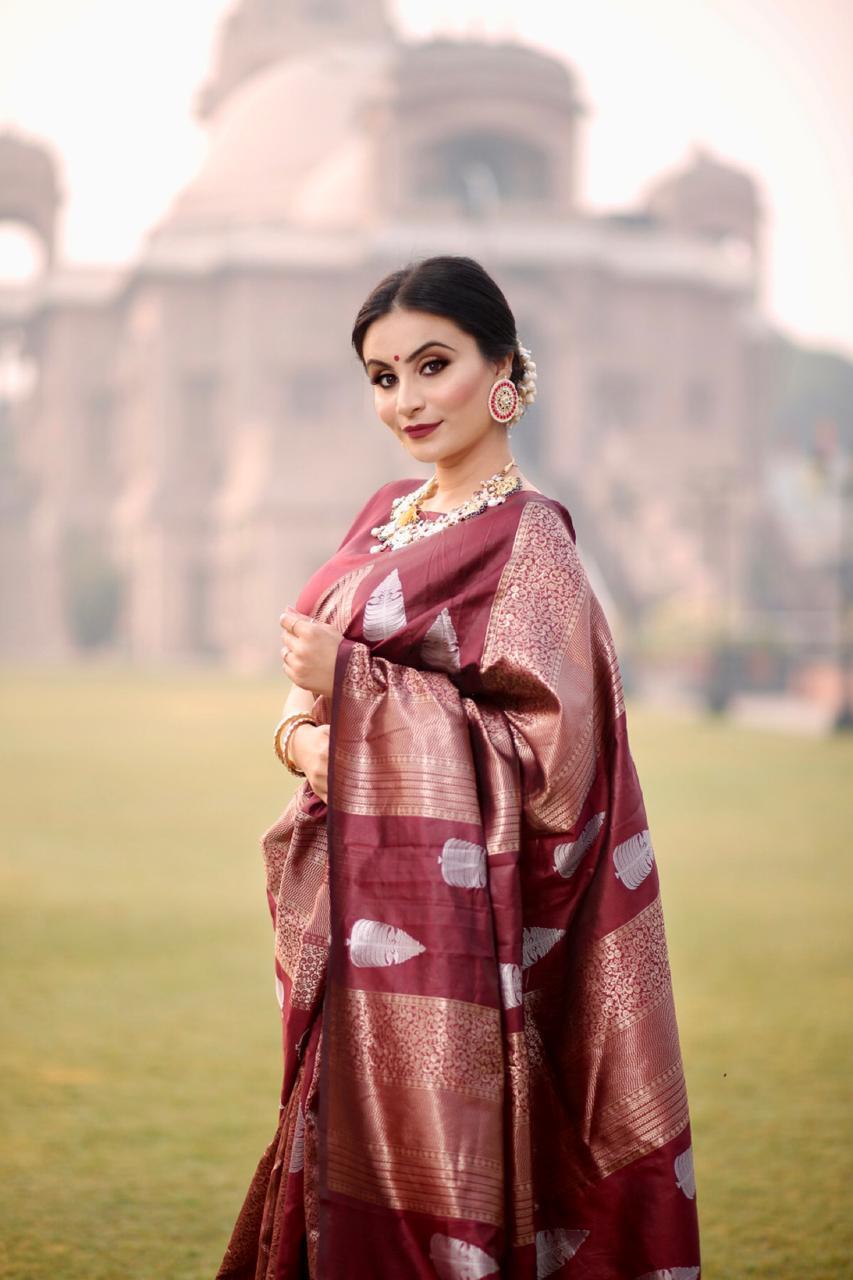 Lichi Silk Saree - 5.5 M Length, Classic Brown Colour With Tassels - Traditional Ornamental Motifs & Copper-silver Zari Weave, Ideal For All Seasons