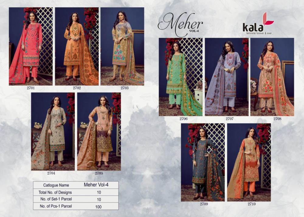 Kala Meher Vol-4 Unstitched Cotton Suits - Premium Cotton, 2.50 Mts Top, 2 Mts Bottom, 2.25 Mts Dupatta | Multi Color, Traditional Ethnic Wear, Printed Pattern, All Season Ethnic Wear