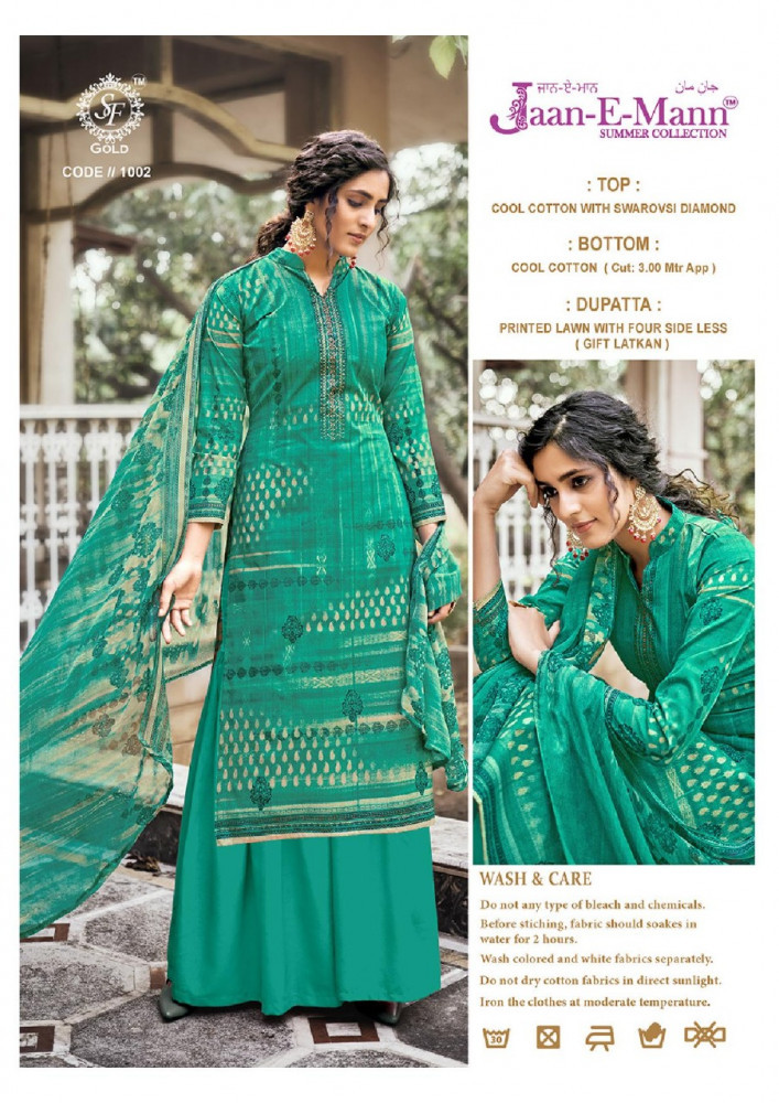 Sf Gold Jaan E Mann Summer Collection - Cotton Suits Catalog, Multi Color, 12 Designs, Embroidered, Washable, Dry Cleanable, Summer & All Season