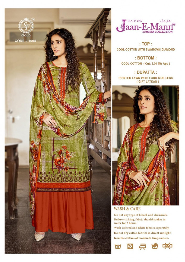 Sf Gold Jaan E Mann Summer Collection - Cotton Suits Catalog, Multi Color, 12 Designs, Embroidered, Washable, Dry Cleanable, Summer & All Season
