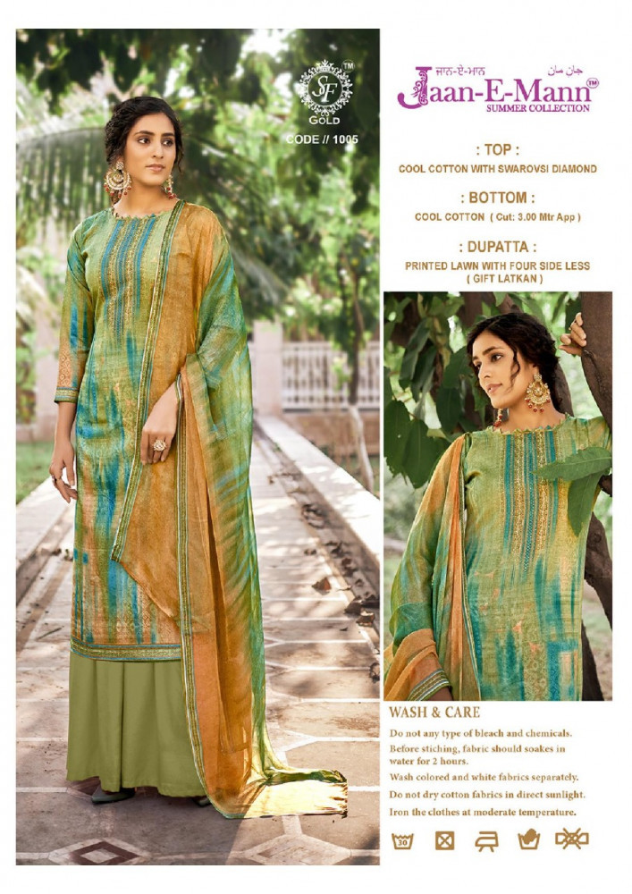 Sf Gold Jaan E Mann Summer Collection - Cotton Suits Catalog, Multi Color, 12 Designs, Embroidered, Washable, Dry Cleanable, Summer & All Season