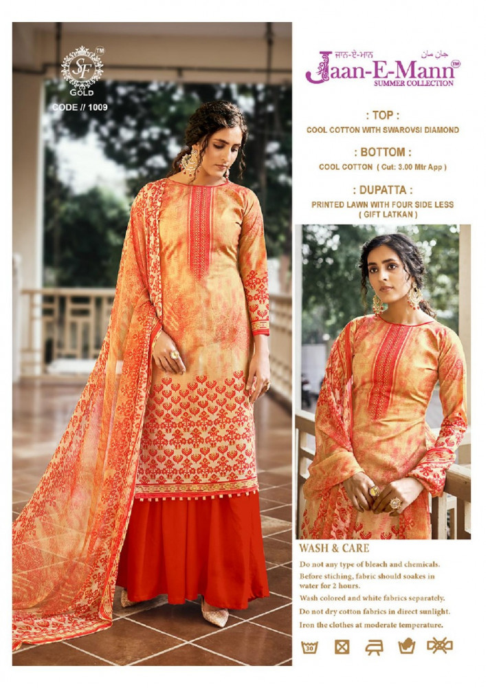 Sf Gold Jaan E Mann Summer Collection - Cotton Suits Catalog, Multi Color, 12 Designs, Embroidered, Washable, Dry Cleanable, Summer & All Season