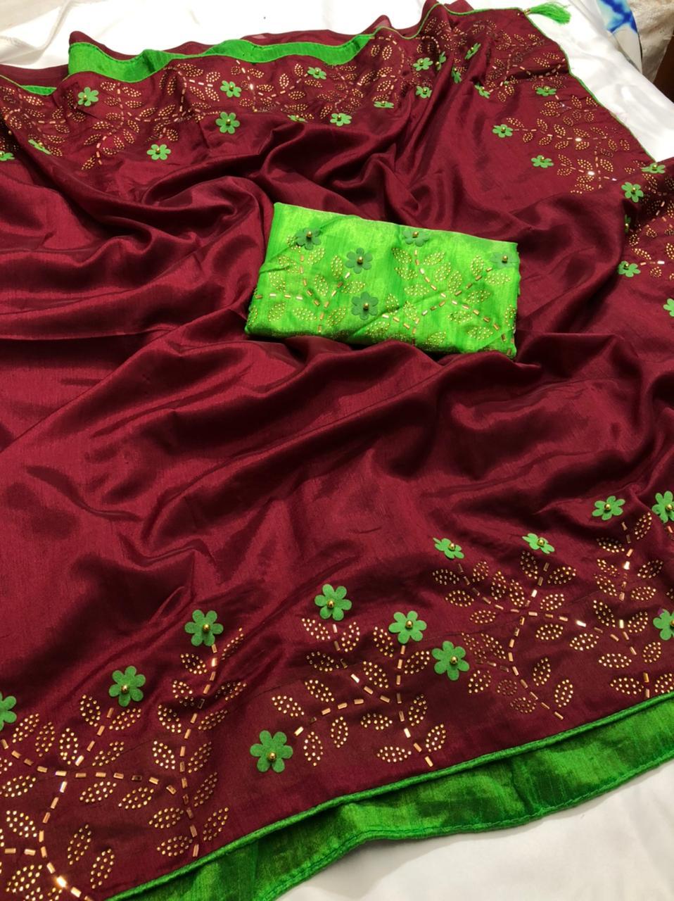Ladies Pure Silk Saree - Vichitra Silk With Velvet Butta & Full Saree Hotfix Diamond Work Grand Border | Multi Color, Traditional Occasion, Bollywood Style For All Seasons