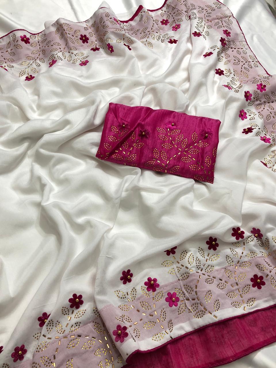 Ladies Pure Silk Saree - Vichitra Silk With Velvet Butta & Full Saree Hotfix Diamond Work Grand Border | Multi Color, Traditional Occasion, Bollywood Style For All Seasons