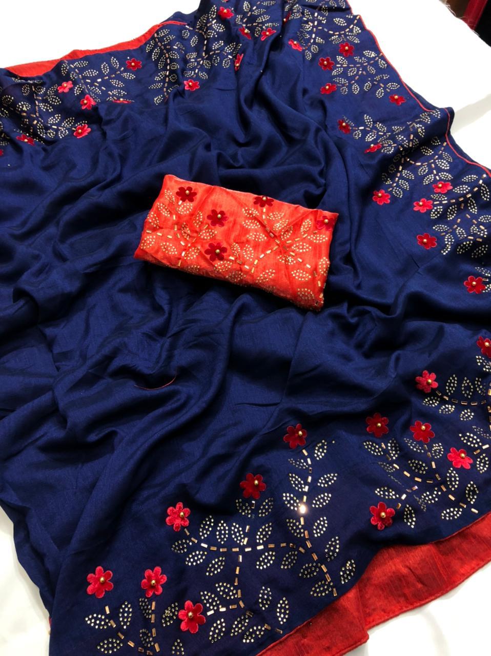 Ladies Pure Silk Saree - Vichitra Silk With Velvet Butta & Full Saree Hotfix Diamond Work Grand Border | Multi Color, Traditional Occasion, Bollywood Style For All Seasons