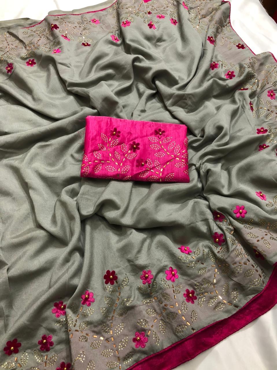 Ladies Pure Silk Saree - Vichitra Silk With Velvet Butta & Full Saree Hotfix Diamond Work Grand Border | Multi Color, Traditional Occasion, Bollywood Style For All Seasons