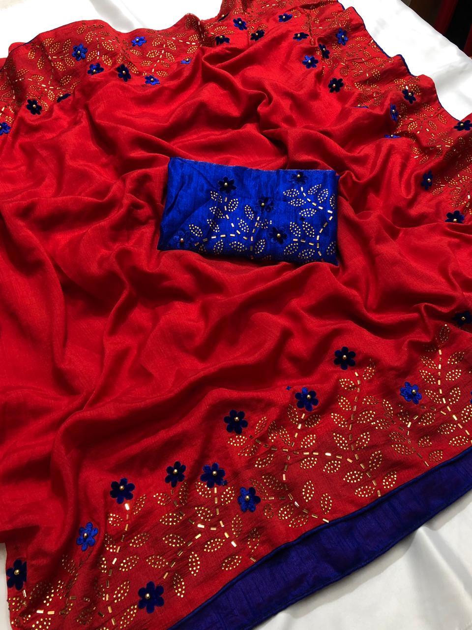 Ladies Pure Silk Saree - Vichitra Silk With Velvet Butta & Full Saree Hotfix Diamond Work Grand Border | Multi Color, Traditional Occasion, Bollywood Style For All Seasons