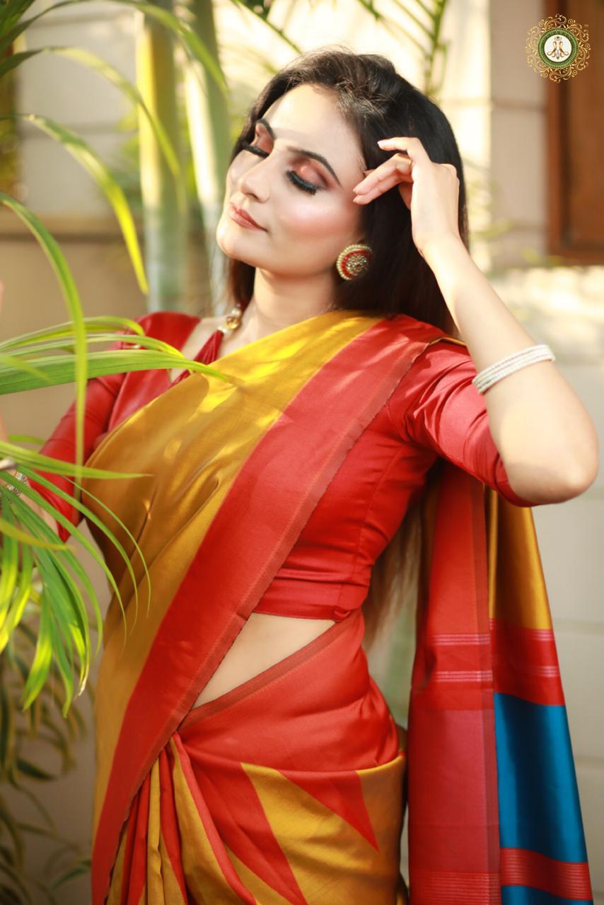 Lichi Silk Saree - 5.5m Length, Yellow With Red Triangle Design | Multi-color For Traditional Occasions, Bollywood Style