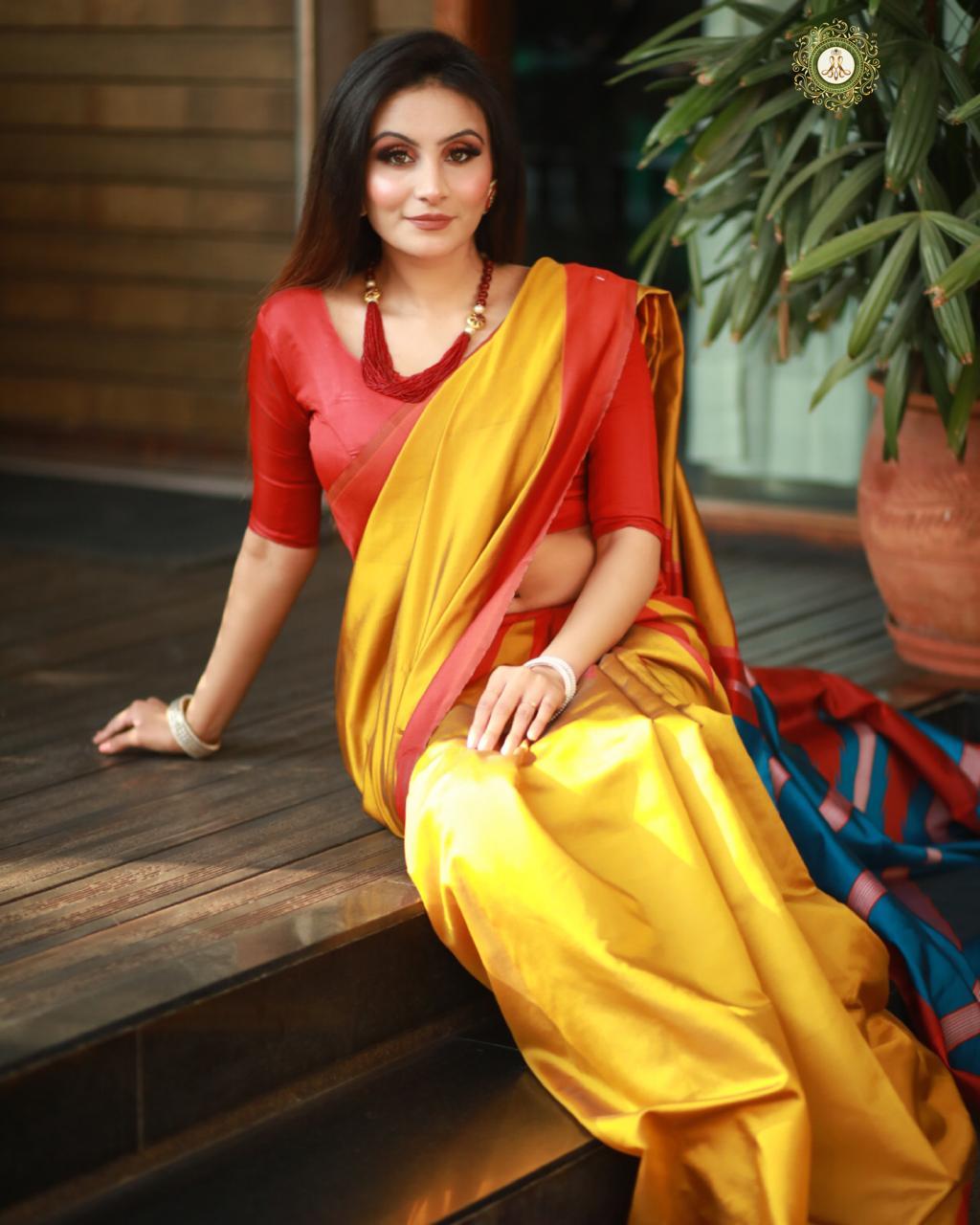 Lichi Silk Saree - 5.5m Length, Yellow With Red Triangle Design | Multi-color For Traditional Occasions, Bollywood Style