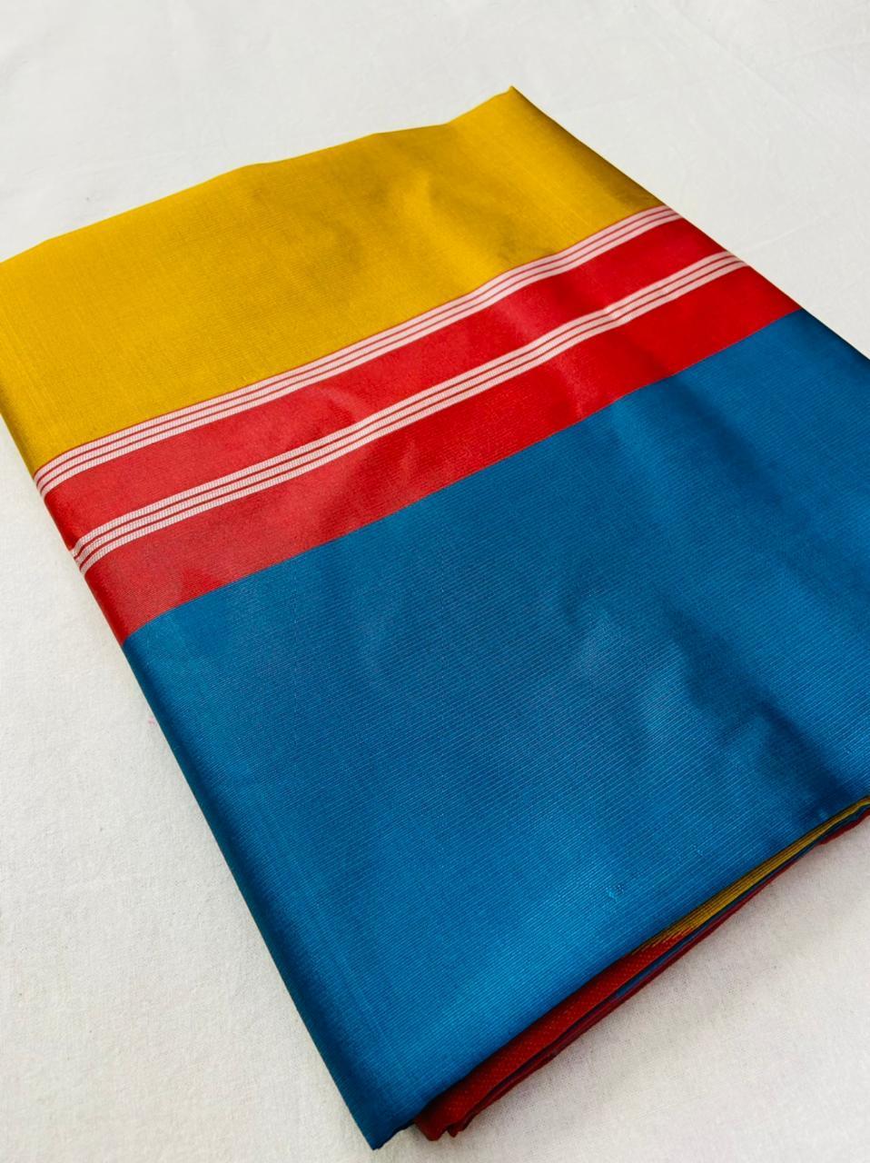 Lichi Silk Saree - 5.5m Length, Yellow With Red Triangle Design | Multi-color For Traditional Occasions, Bollywood Style