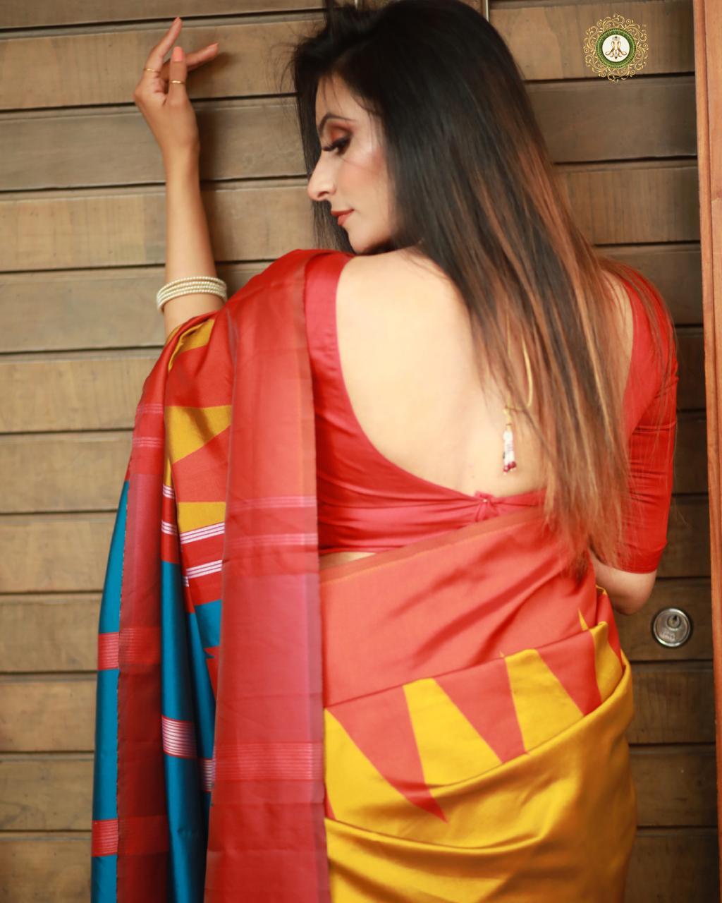 Lichi Silk Saree - 5.5m Length, Yellow With Red Triangle Design | Multi-color For Traditional Occasions, Bollywood Style