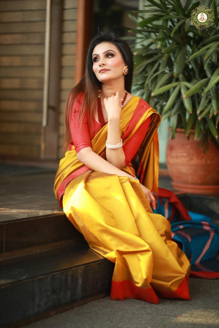 Lichi Silk Saree - 5.5m Length, Yellow With Red Triangle Design | Multi-color For Traditional Occasions, Bollywood Style