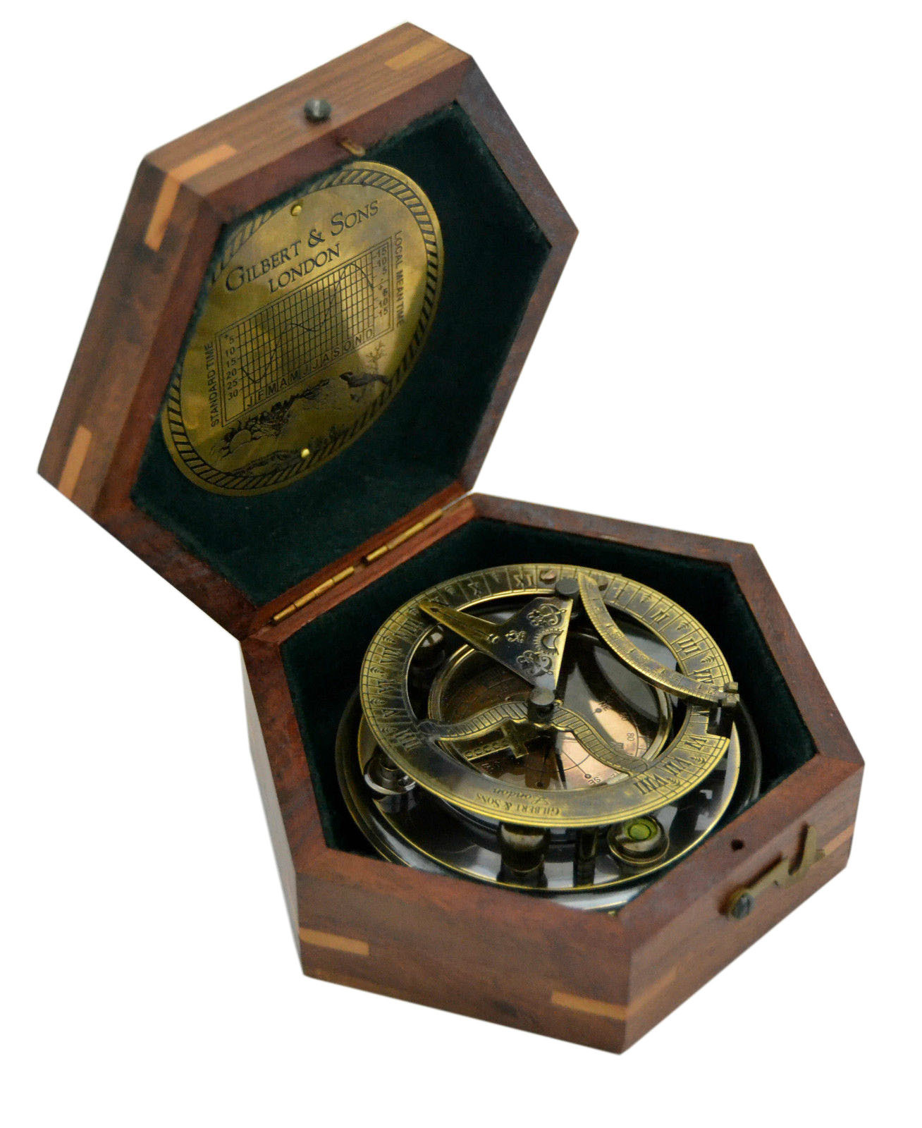 As Shown In Picture Antique Nautical Brass Round Sundial Compass With Hexagonal Wooden Box