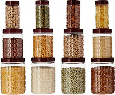 Solimo Checkered Jar Set - Food-grade Pet Plastic, 200ml/500ml/1000ml Sizes | Airtight Seal, Transparent Design, User-friendly Ribbed Grip, Bpa-free