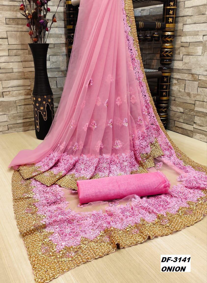 Tissue Heavy Net Sarees With Embroidery And Stone Work
