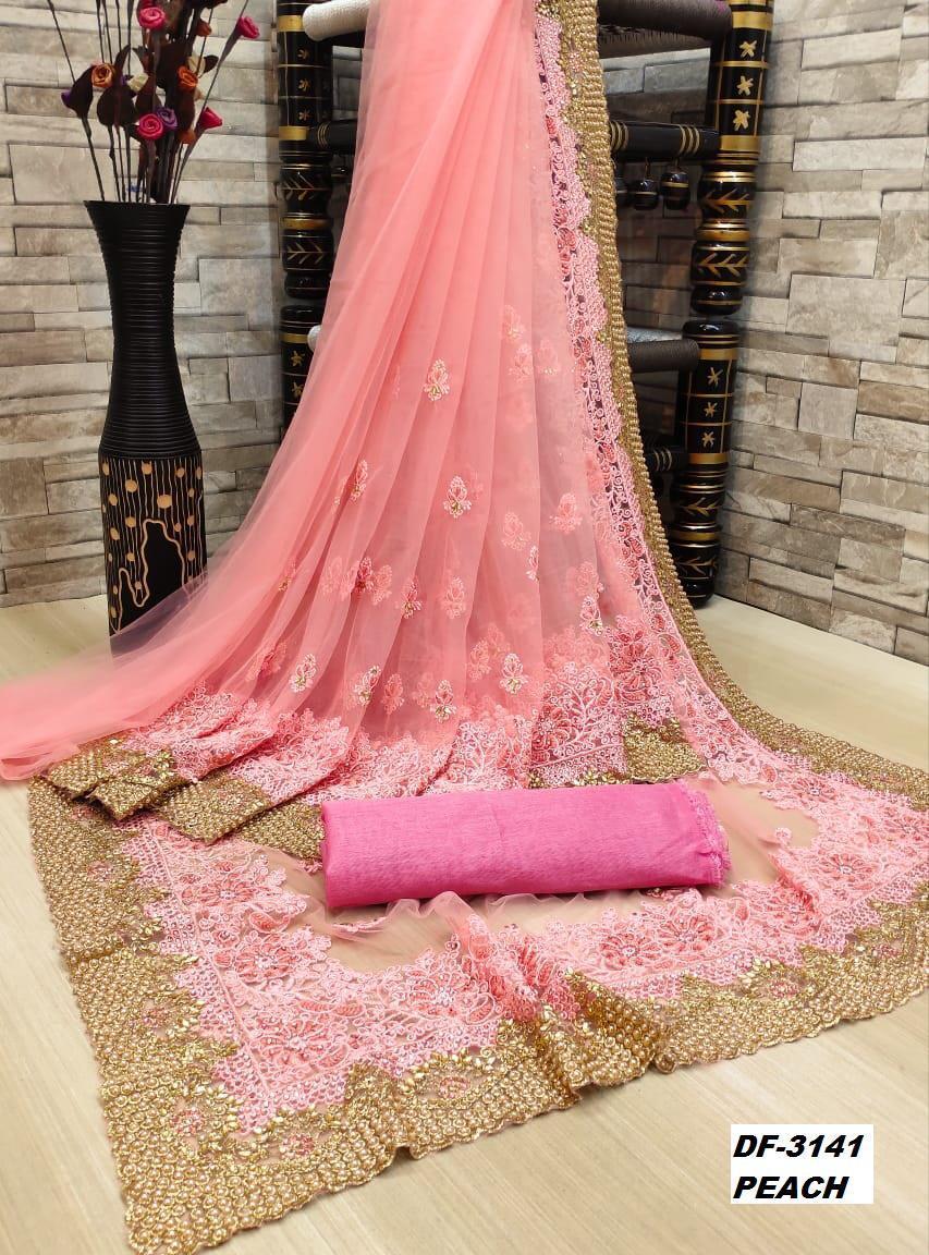 Tissue Heavy Net Sarees With Embroidery And Stone Work