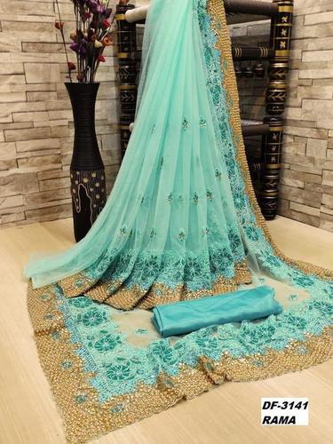 Party Wear Heavy Net Sarees With Embroidery And Stone Work