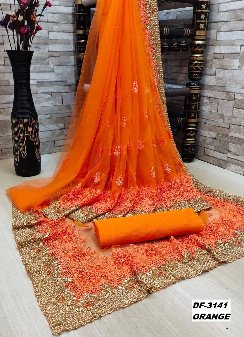 Party Wear Heavy Net Sarees With Embroidery And Stone Work