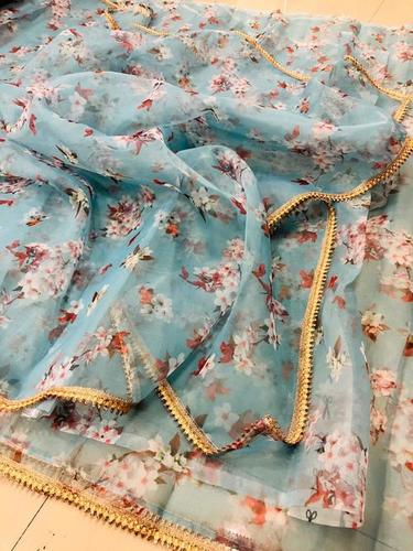 गोल्डन ज़री लेस वर्क के साथ टिशू प्रिंटेड ऑर्गेंज़ा साड़ी