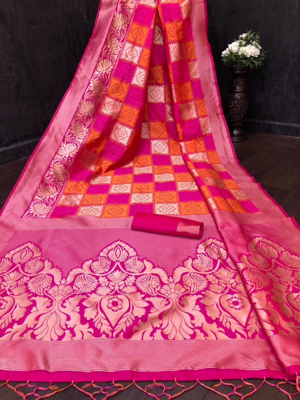 Lichi Silk Saree - Classic Brown Color With Copper & Silver Zari Weave | Traditional Ornamental Motifs & Leaf Patterns, Ideal For All Seasons