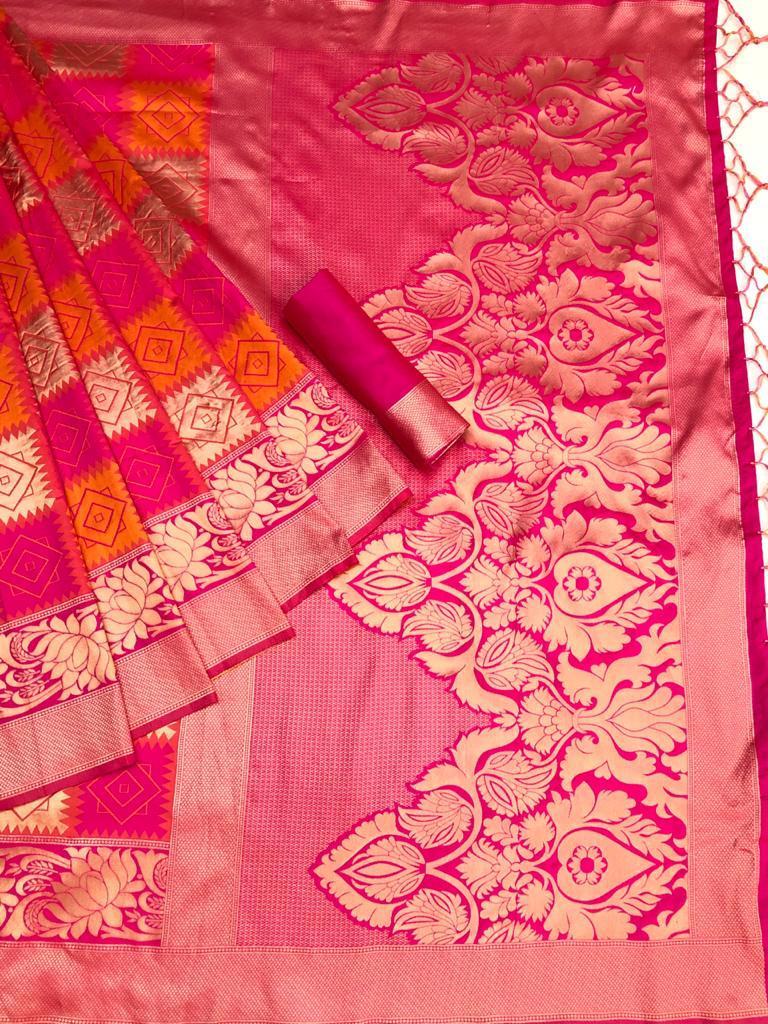 Lichi Silk Saree - Classic Brown Color With Copper & Silver Zari Weave | Traditional Ornamental Motifs & Leaf Patterns, Ideal For All Seasons