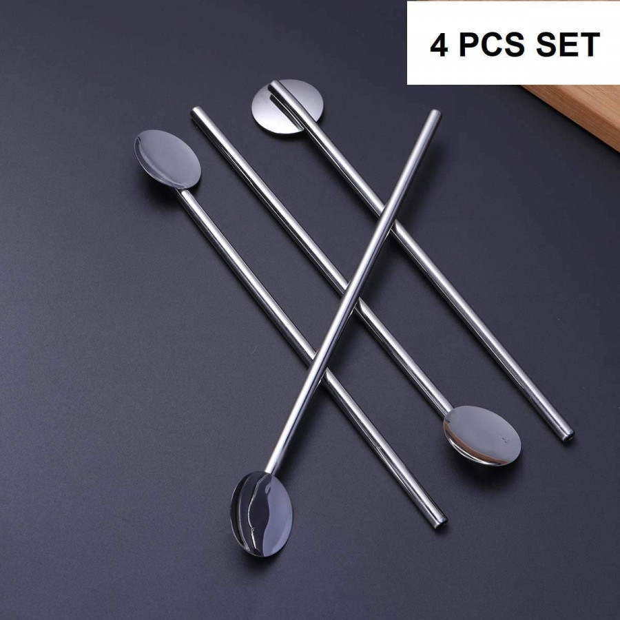 4 Set Drinking Staws With Attached Spoon Stainless Steel