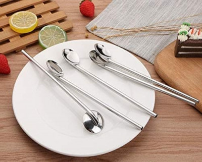 4 Set Drinking Staws With Attached Spoon Stainless Steel