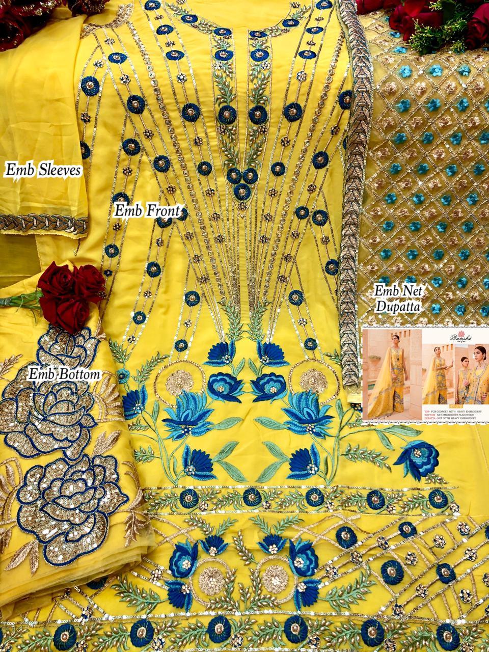 Embroidered Georgette And Net Pakistani Ceremony Wear Suit - Semi Stitched, Full Sleeves, Heavy Embroidery, Max Length 48 Inch, Dry Clean Only, Includes Dupatta