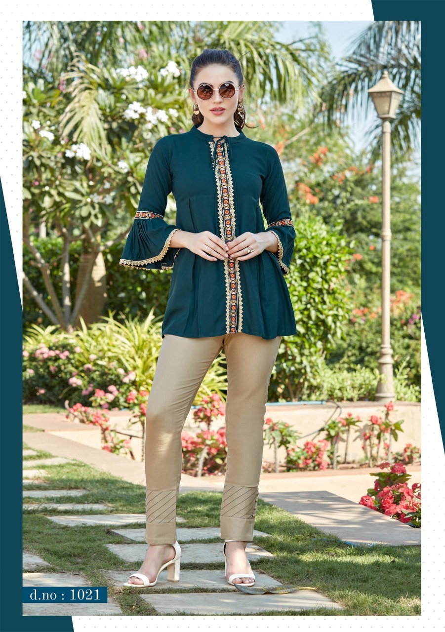 Videshi-4 Designer Short Top Type Rayon Kurtis - 14 Kg Heavy Rayon, 32'' Length, Sizes S-l, 3/4 Sleeve, Embroidered Pattern, Washable, Quick Dry